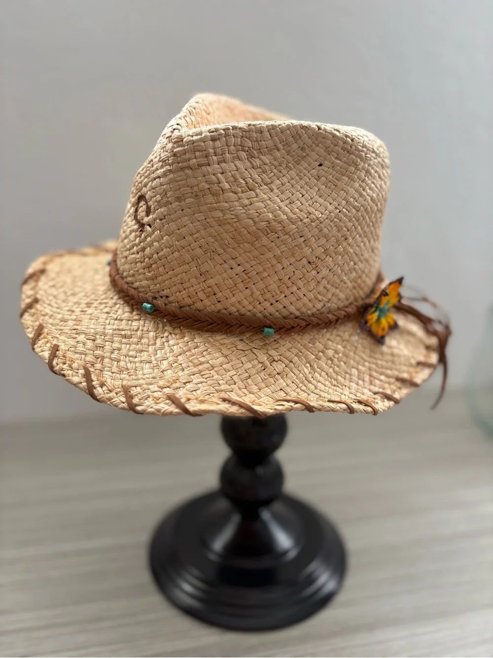 Handcrafted Beaded Flower Cowboy Hat - & Turquoise on Brown